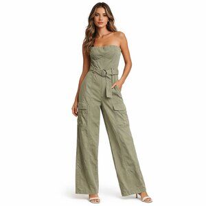 Zara Light Sage Green Strapless Cargo Wide Leg Size Medium Soft Utility Vacation